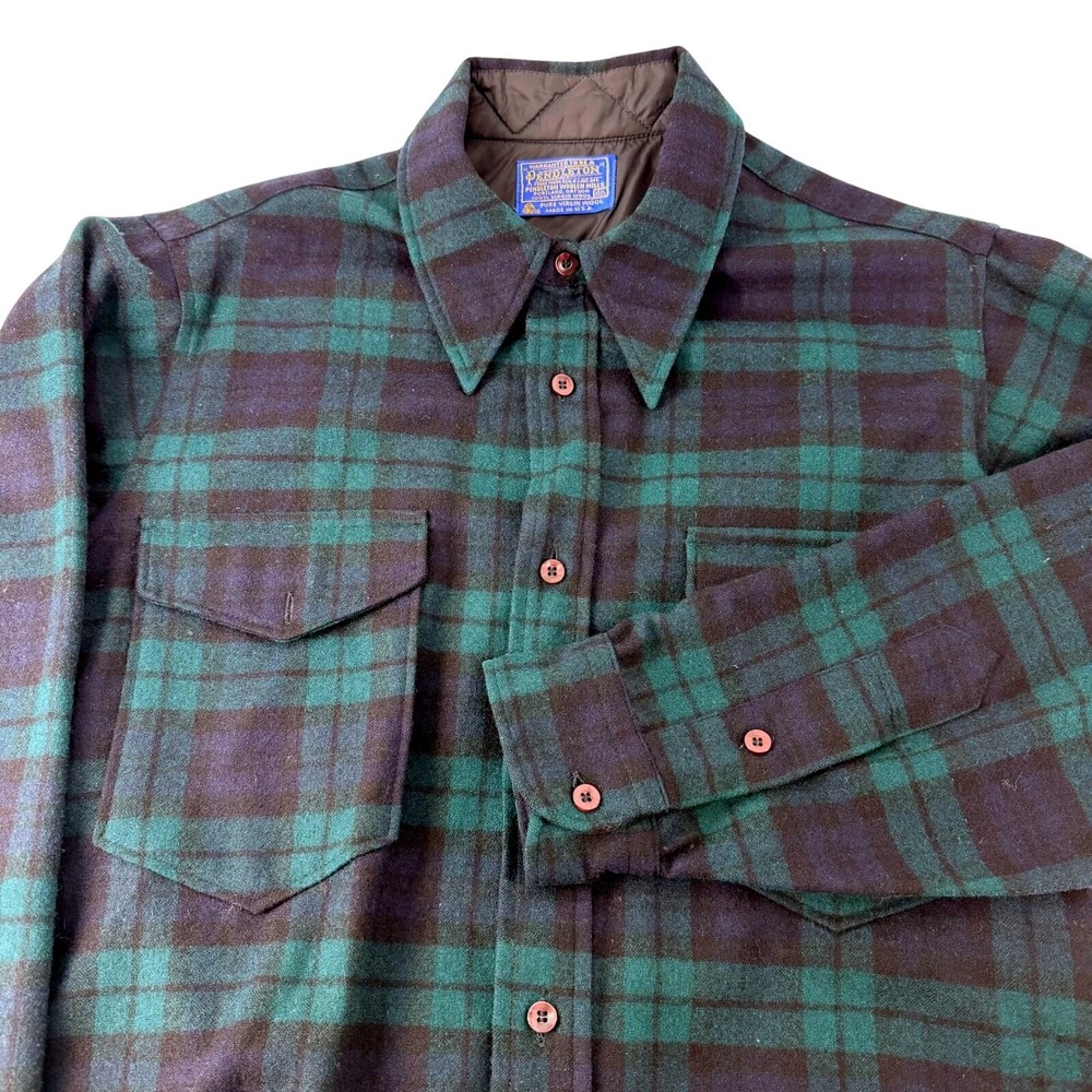Vintage 70s Pendleton Black Watch Tartan Wool Shirt Mens Medium 15.5 Heritage